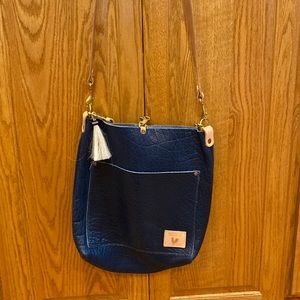 Meanwhile Back on the Farm Blue Leather Bison Carryall & Crossbody.